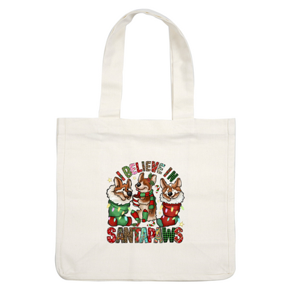 This festive design features three cheerful corgis in holiday attire, celebrating with the playful phrase "I Believe in Santapaws."DTF Transfersdtf regular iron