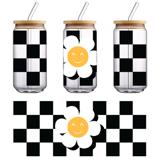 A smiley face with a four leaf clover on a polka dot background.UV Transfers