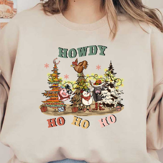 A festive illustration featuring whimsical animals and colorful Christmas trees with vibrant decorations, embodying a cheerful holiday spirit. dtf transfers