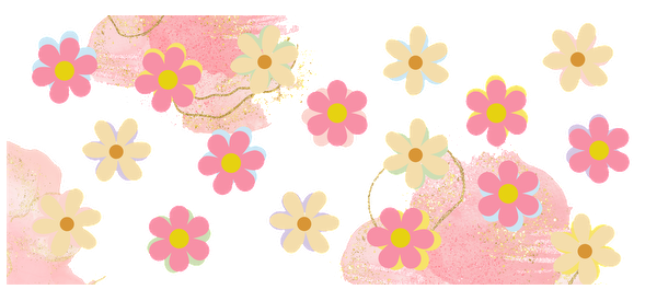 A vibrant, whimsical floral design featuring pink and yellow flowers against a soft pink background, perfect for spring themes.UV Transfers dtf prints