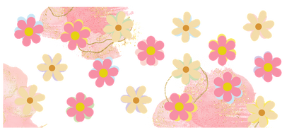 A vibrant, whimsical floral design featuring pink and yellow flowers against a soft pink background, perfect for spring themes.UV Transfers dtf prints