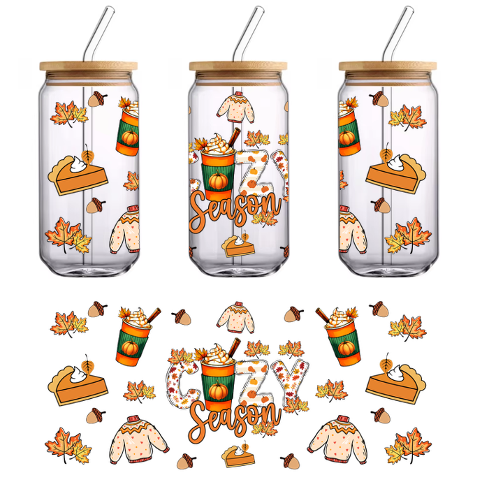 Embrace the warm vibes of fall with this vibrant illustration featuring cozy sweaters, pumpkin spice drinks, and autumn leaves!UV Transfersdtf regular iron