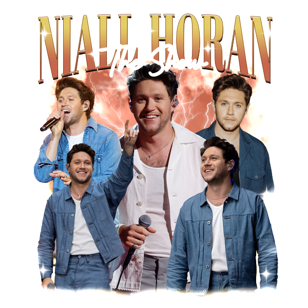 A vibrant collage of Niall Horan on stage, showcasing his lively performances and casual, stylish outfits.DTF Transfers dtf transfers