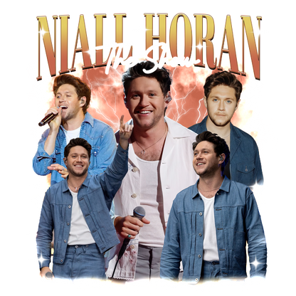 A vibrant collage of Niall Horan on stage, showcasing his lively performances and casual, stylish outfits.DTF Transfers dtf transfers