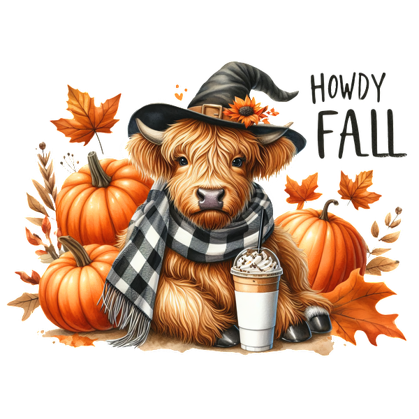 A cute Highland calf wearing a witch hat and scarf, surrounded by pumpkins and holding a festive drink, celebrates fall.dtf regular iron