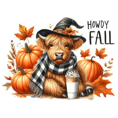 A cute Highland calf wearing a witch hat and scarf, surrounded by pumpkins and holding a festive drink, celebrates fall.dtf regular iron