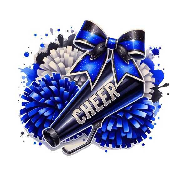 A vibrant cheerleading megaphone adorned with a blue bow and surrounded by colorful pom-poms, celebrating team spirit.DTF Transfersdtf regular iron