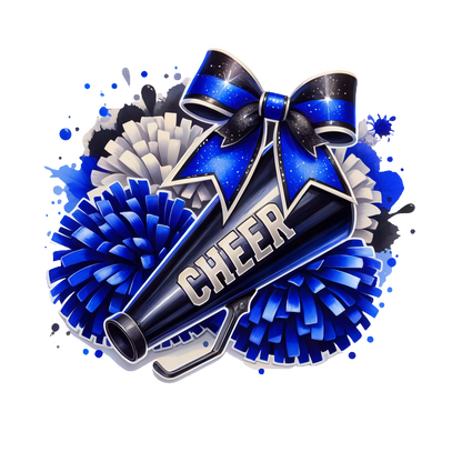 A vibrant cheerleading megaphone adorned with a blue bow and surrounded by colorful pom-poms, celebrating team spirit.DTF Transfersdtf regular iron