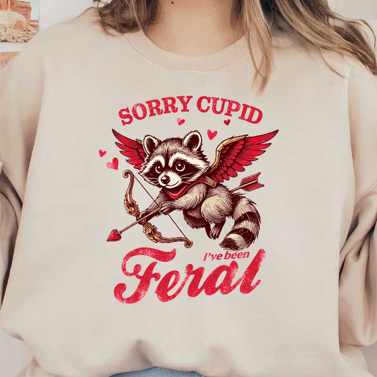 This whimsical design features a raccoon with angel wings, holding a bow and arrow, with playful text saying "Sorry Cupid."DTF Transfers