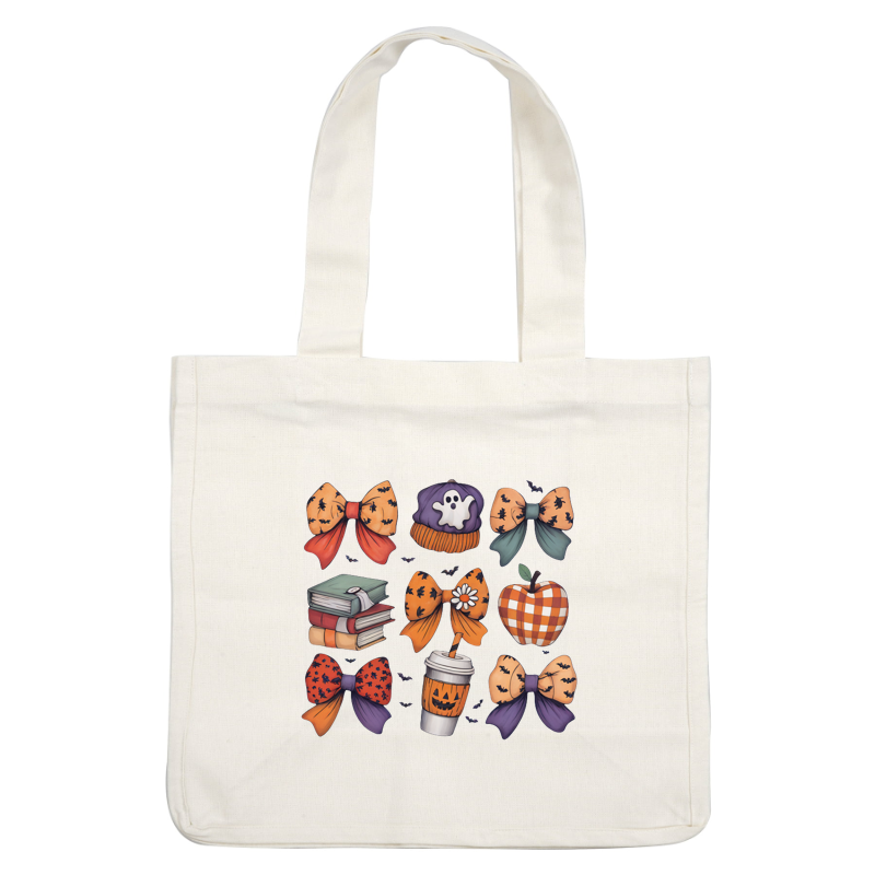 Una linda colección de artículos con temática de Halloween que incluye lazos vibrantes, un sombrero de fantasma, libros, una bebida de calabaza y una manzana.