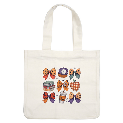 Una linda colección de artículos con temática de Halloween que incluye lazos vibrantes, un sombrero de fantasma, libros, una bebida de calabaza y una manzana.