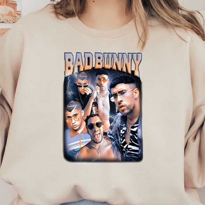 Una camiseta gráfica vibrante que presenta múltiples imágenes de Bad Bunny con un aspecto elegante y un texto llamativo, perfecta para los fanáticos. Transferencias DTF