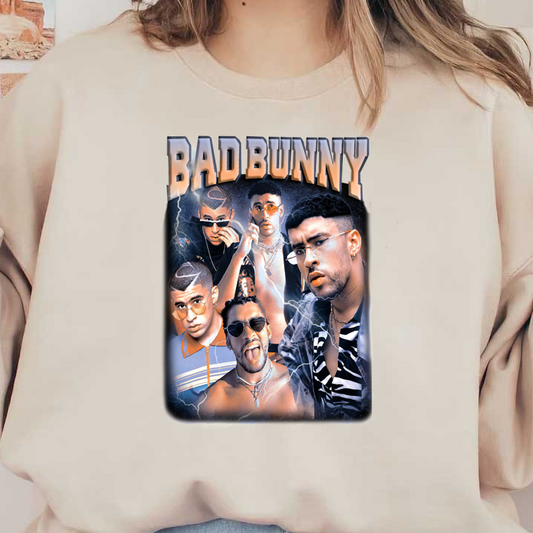 Bold graphic shirt featuring multiple images of Bad Bunny, showcasing his signature style and dynamic expressions against a vivid background.DTF Transfers dtf transfers