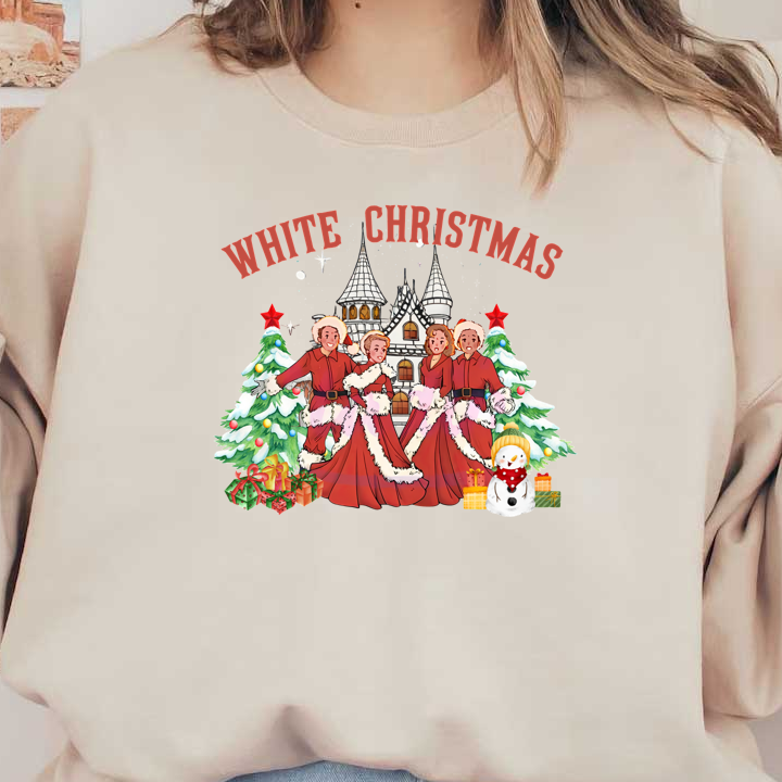 A festive design featuring three characters in red Santa outfits, surrounded by Christmas trees, gifts, and a snowman.DTF Transfers dtf transfersdtf regular iron