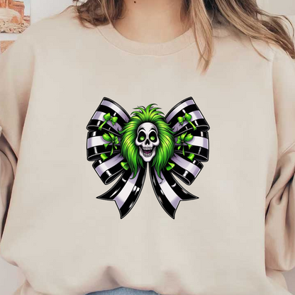 A vibrant skull with green hair is featured within a stylish black and white striped bow, accented by green bows.dtf regular iron