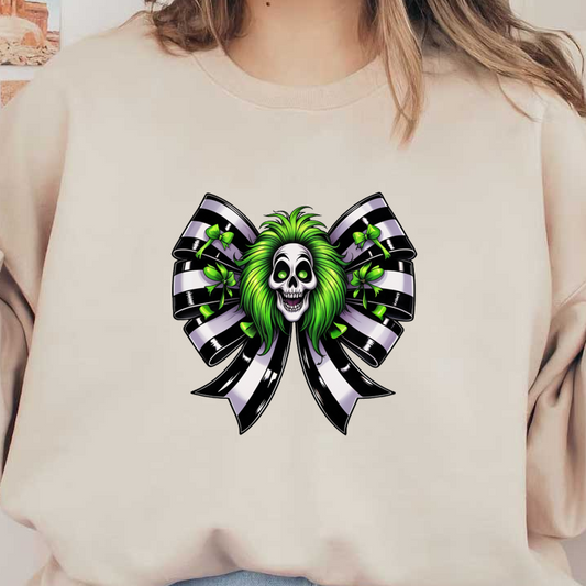 A vibrant skull with green hair is featured within a stylish black and white striped bow, accented by green bows.dtf regular iron