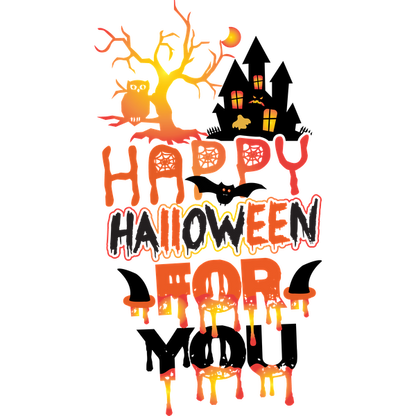 Celebrate the spooky season with this vibrant "Happy Halloween" graphic featuring whimsical trees and playful details! dtf transfers