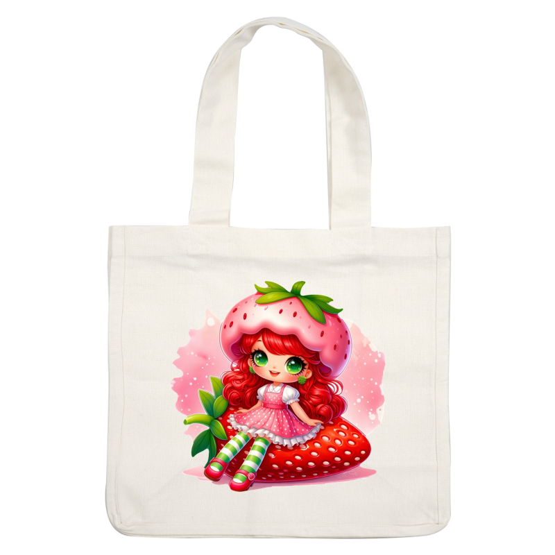 This adorable character features vibrant red hair, green eyes, and a cute strawberry hat, sitting on a giant strawberry.DTF Transfers