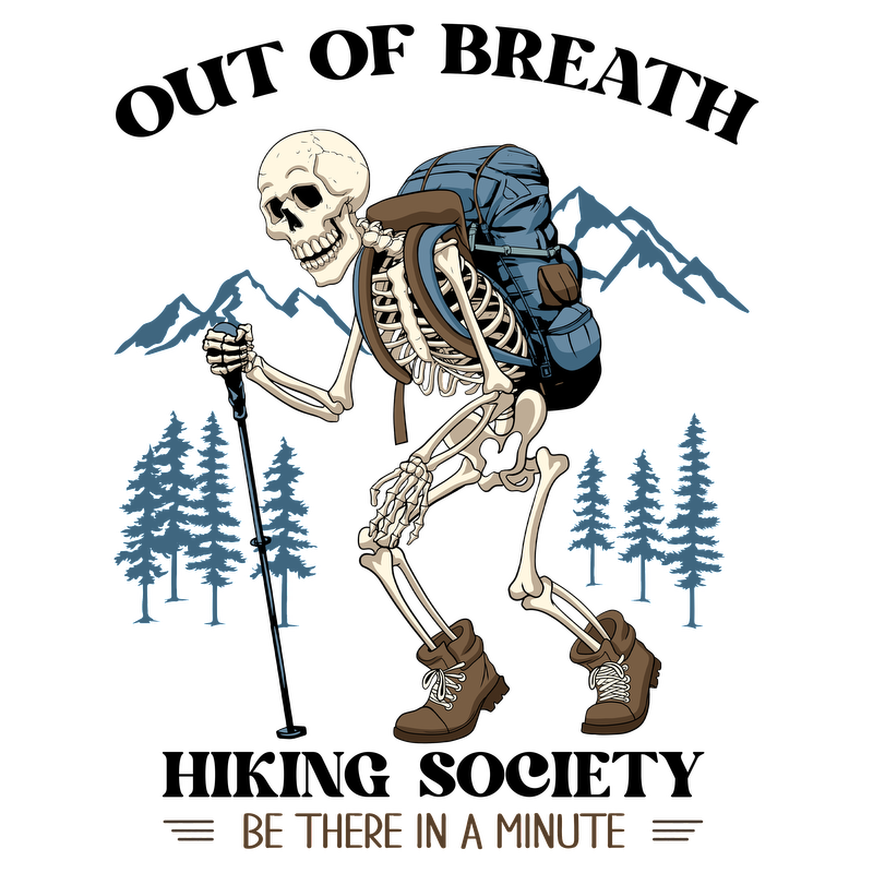 A skeleton wearing hiking gear and a backpack in front of a mountain ...
