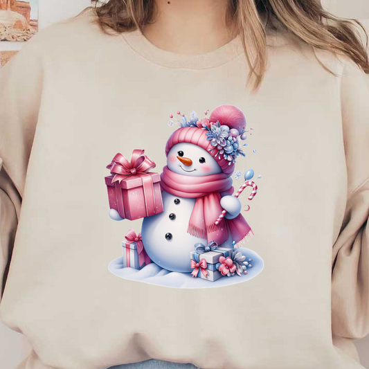 A cheerful snowman, adorned with a pink hat and scarf, holds gifts and a candy cane amidst a snowy backdrop. heat press transfers