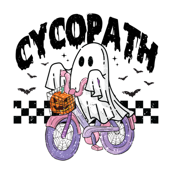 A playful cartoon ghost rides a colorful bike with a pumpkin basket, surrounded by flying bats, perfect for Halloween fun! heat press transfers