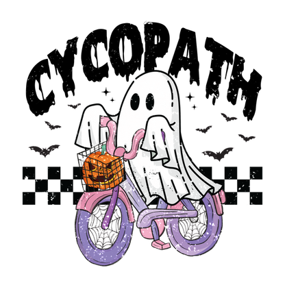 A playful cartoon ghost rides a colorful bike with a pumpkin basket, surrounded by flying bats, perfect for Halloween fun! heat press transfers