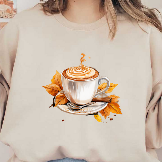 A cozy cup of coffee topped with whipped cream and cinnamon, accompanied by autumn leaves and a spoon on a saucer. heat press transfers