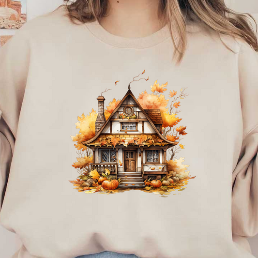 A charming, autumn-themed cottage with a detailed facade, surrounded by colorful leaves and pumpkins, exuding cozy vibes. heat press transfers