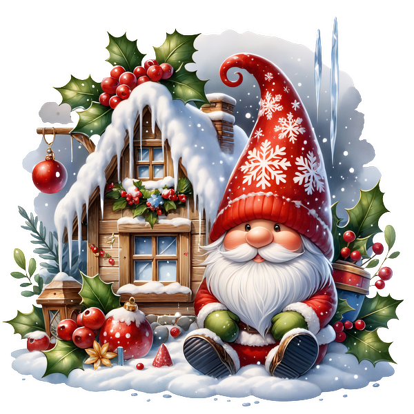 A cheerful Christmas gnome sits in the snow near a cozy cabin, surrounded by festive decorations and holly leaves.DTF Transfersdtf regular iron