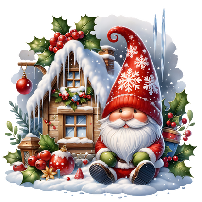 A cheerful Christmas gnome sits in the snow near a cozy cabin, surrounded by festive decorations and holly leaves.DTF Transfersdtf regular iron