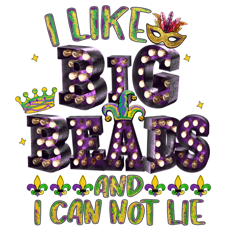 Celebrate Mardi Gras with this vibrant graphic featuring playful text, festive colors, and dazzling bead designs!DTF Transfers