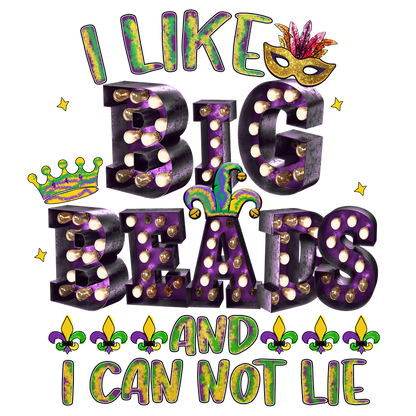 Celebrate Mardi Gras with this vibrant graphic featuring playful text, festive colors, and dazzling bead designs!DTF Transfers