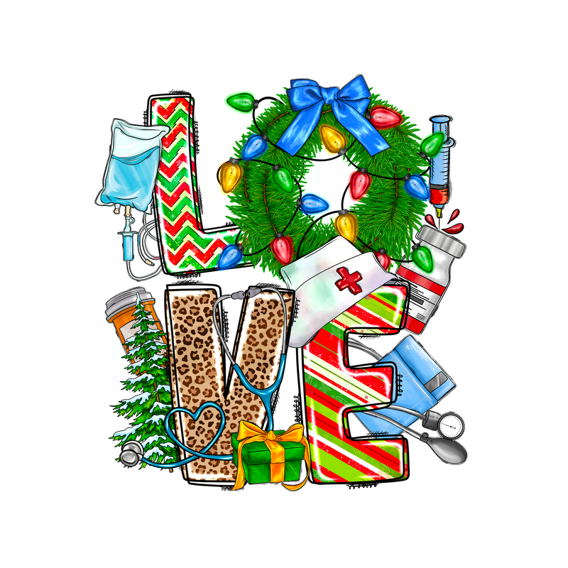 Celebrate the season with this vibrant "LOVE" design, featuring festive elements like a wreath, medical items, and colorful decorations.DTF Transfers heat press transfers