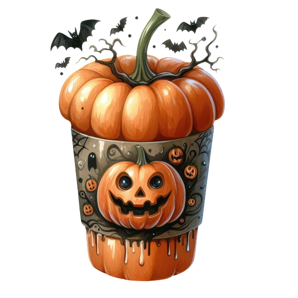 Una caprichosa maceta de Halloween con una calabaza tallada, rematada con una calabaza más grande y adornada con murciélagos y diseños espeluznantes.