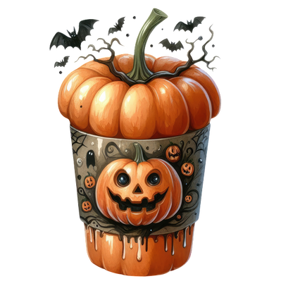 Una caprichosa maceta de Halloween con una calabaza tallada, rematada con una calabaza más grande y adornada con murciélagos y diseños espeluznantes.