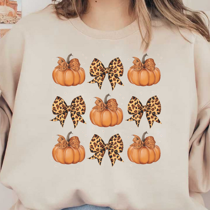 A playful pattern featuring orange pumpkins adorned with stylish leopard print bows, perfect for a festive autumn vibe. dtf prints