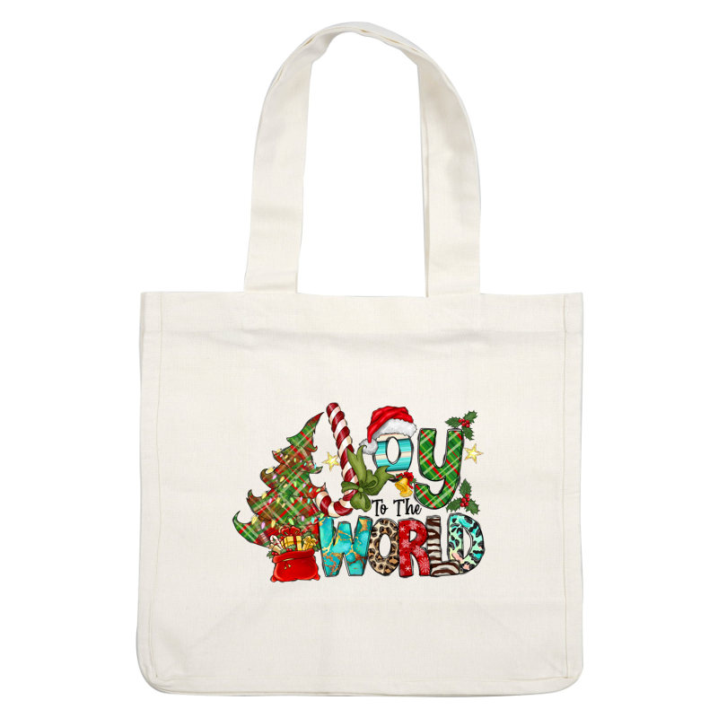 A festive design featuring "Joy to the World" with colorful letters, a Christmas tree, candy cane, gifts, and holly accents.DTF Transfers