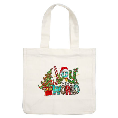 A festive design featuring "Joy to the World" with colorful letters, a Christmas tree, candy cane, gifts, and holly accents.DTF Transfers