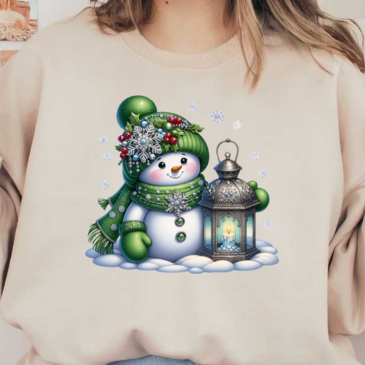 A cheerful snowman adorned with a green scarf and hat, holding a lantern with a glowing candle, surrounded by snowflakes.DTF Transfers heat press transfers