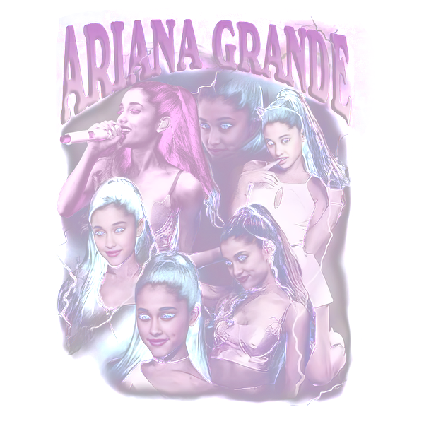 Un collage vibrante que presenta a Ariana Grande, mostrándola en varios atuendos y poses, resaltando su estilo icónico y su presencia en el escenario. Transferencias DTF