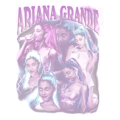 Un collage vibrante que presenta a Ariana Grande, mostrándola en varios atuendos y poses, resaltando su estilo icónico y su presencia en el escenario. Transferencias DTF