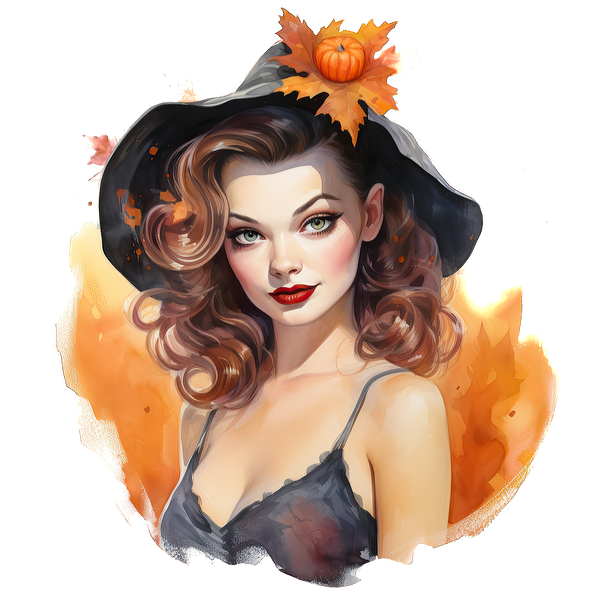 A charming young woman with flowing curls wears a stylish black witch hat adorned with autumn leaves and a pumpkin. dtf prints