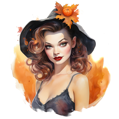 A charming young woman with flowing curls wears a stylish black witch hat adorned with autumn leaves and a pumpkin. dtf prints