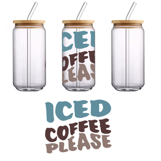 A playful design promoting iced coffee with colorful, bold lettering, perfect for coffee lovers.UV Transfers dtf transfers