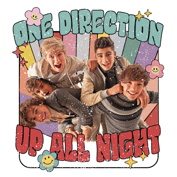 Gráfico alegre que presenta a la banda de chicos One Direction con el texto "Up All Night", celebrando su energía juvenil y amistad. Transferencias DTF