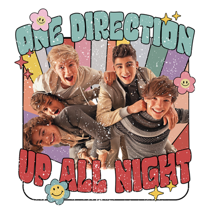 Gráfico alegre que presenta a la banda de chicos One Direction con el texto "Up All Night", celebrando su energía juvenil y amistad. Transferencias DTF