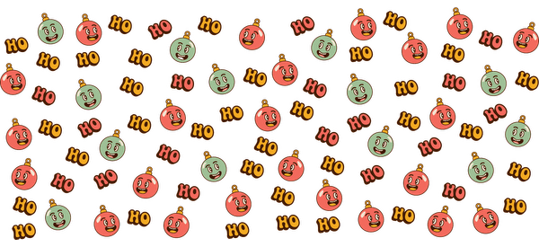 A playful pattern of cheerful ornaments featuring smiling faces and "Ho" text, perfect for a festive or holiday theme.UV Transfers dtf prints