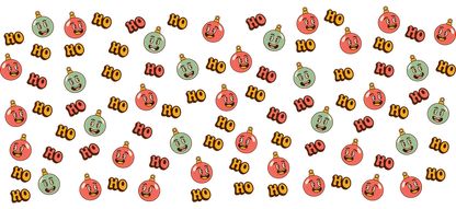 A playful pattern of cheerful ornaments featuring smiling faces and "Ho" text, perfect for a festive or holiday theme.UV Transfers dtf prints