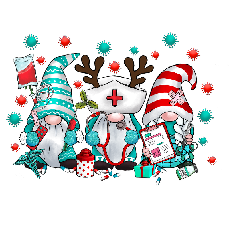 Adorable holiday gnomes dressed as a nurse and a medical professional, complete with festive hats, gifts, and playful props!DTF Transfers