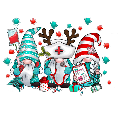 Adorable holiday gnomes dressed as a nurse and a medical professional, complete with festive hats, gifts, and playful props!DTF Transfers